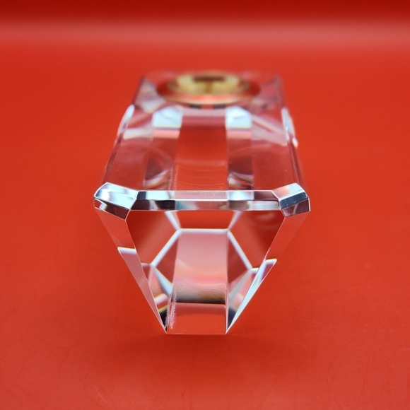 Desk Clock Crystal Cut Glass Paperweight Camry Gold Tone Triangular Column Nice! - Picture 2 of 12